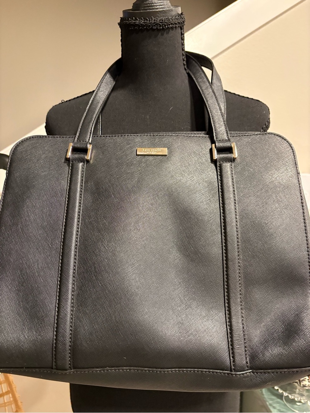 kate spade Black Structured Saffiano Tote with Gold Hardware